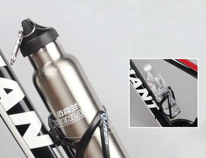 Silver water bottle with black cap on a bike frame, with a smaller inset showing a water bottle in a holder.