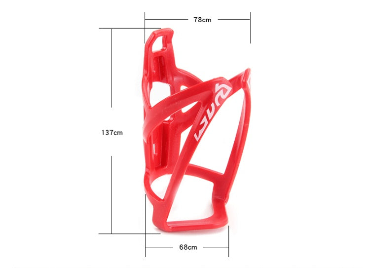 Red bicycle water bottle cage with dimensions on a white background