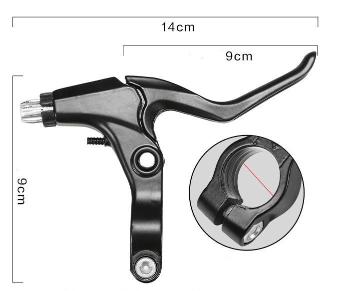 Bicycle brake lever with measurements on a white background
