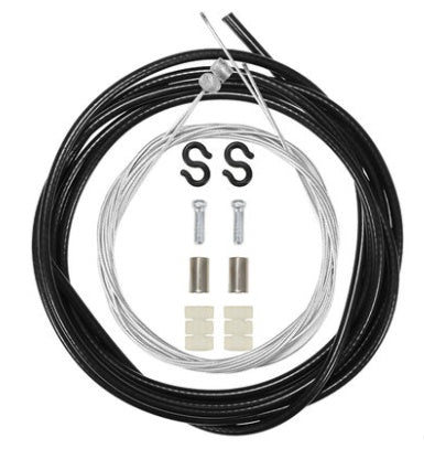 Bicycle inner- and outer-cable set with screws and washers on a white background