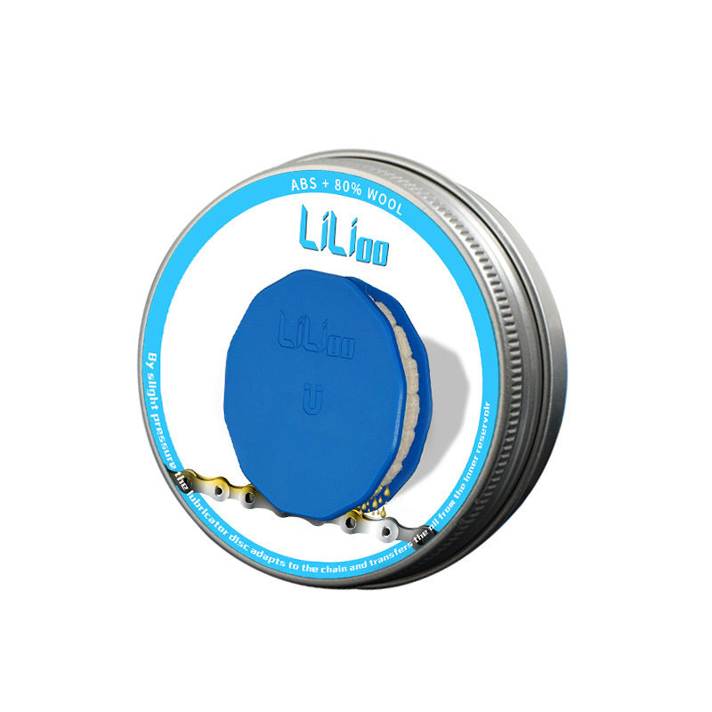 Blue bicycle chain oiler with 'Lilioo' branding on a white background