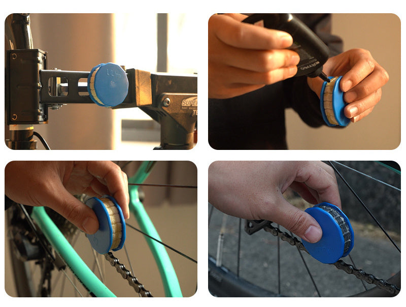 Collage of a blue chain tool being used.