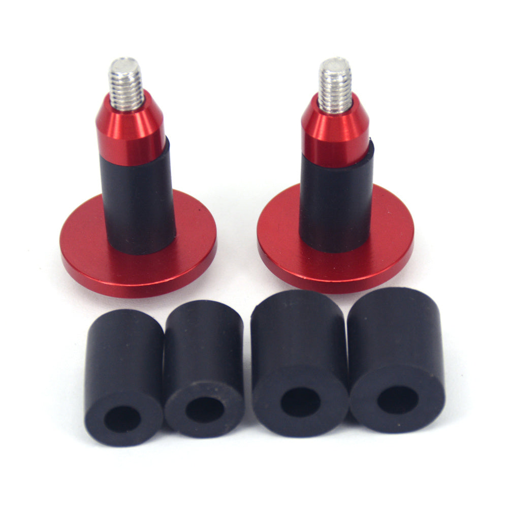 Two red and black aluminium Bicycle Handlebar Plugs with five black rubber sleeves on a white background