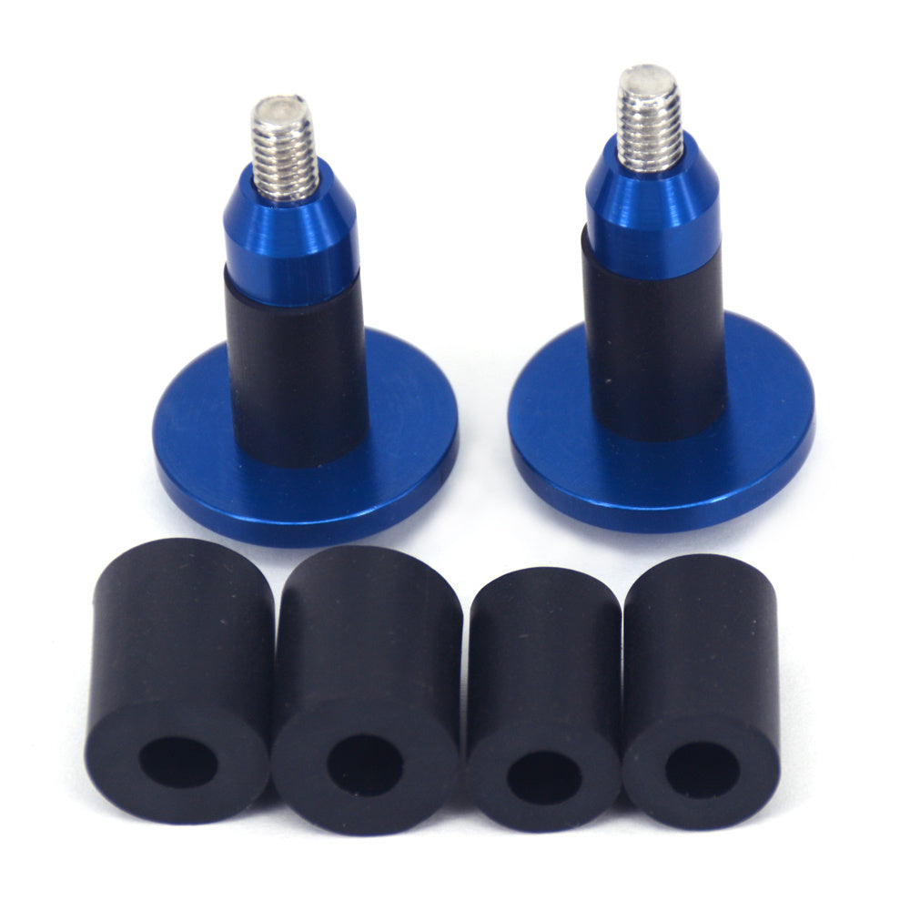 Two blue aluminium Bicycle Handlebar Plugs (CNC Universal 22mm) with black rubber caps on a white background
