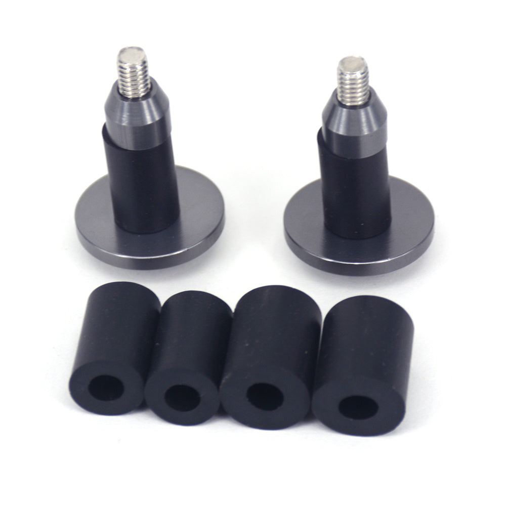 Two aluminium Bicycle Handlebar Plugs with threaded ends and four black rubber bushings on a white background