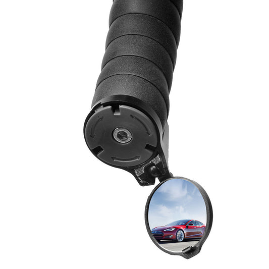 Handlebar plug with integrated rear mirrorr attached to a black handlebar with a car visible in the reflection on a white background
