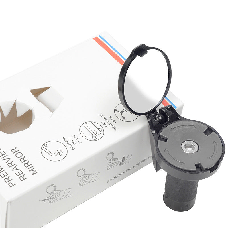Black bicycle handlebar plug with rearview mirror on a white background