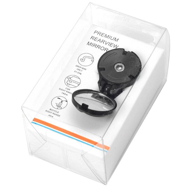 Black bicycle handlebar plug with integrated rearview mirror in a clear packaging box on a white background
