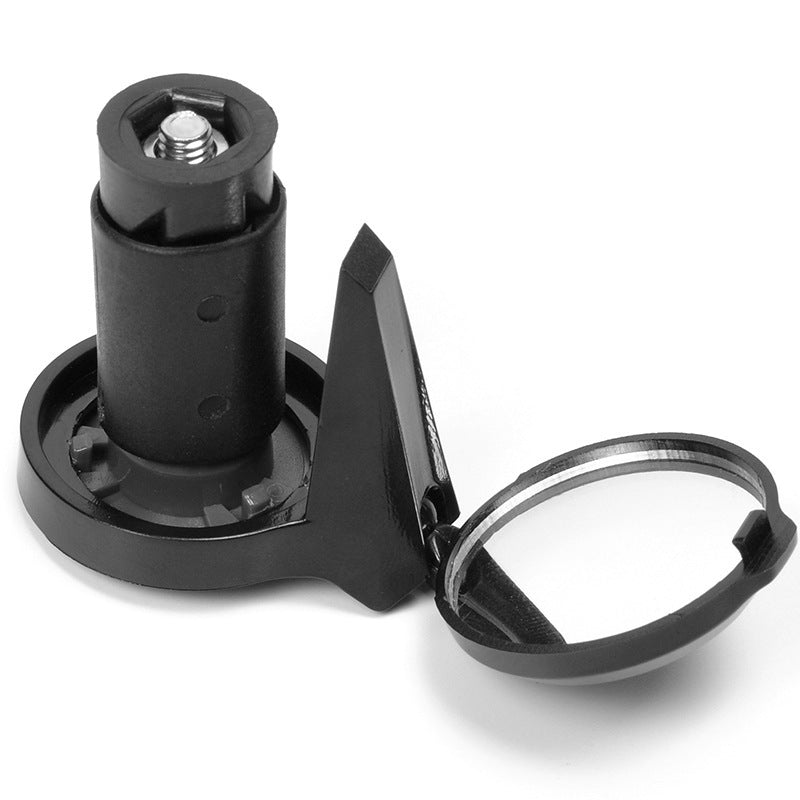 Black bicycle handlebar plug with integrated rearview mirror on a white background