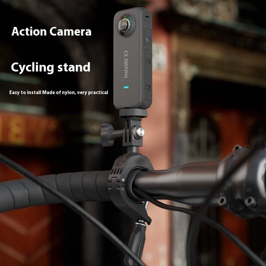 Action camera mounted on a bicycle handlebar with a blurred background