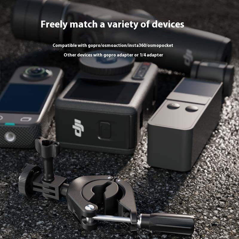 Camera accessories including a mount and adapter on a textured surface with text about device compatibility.