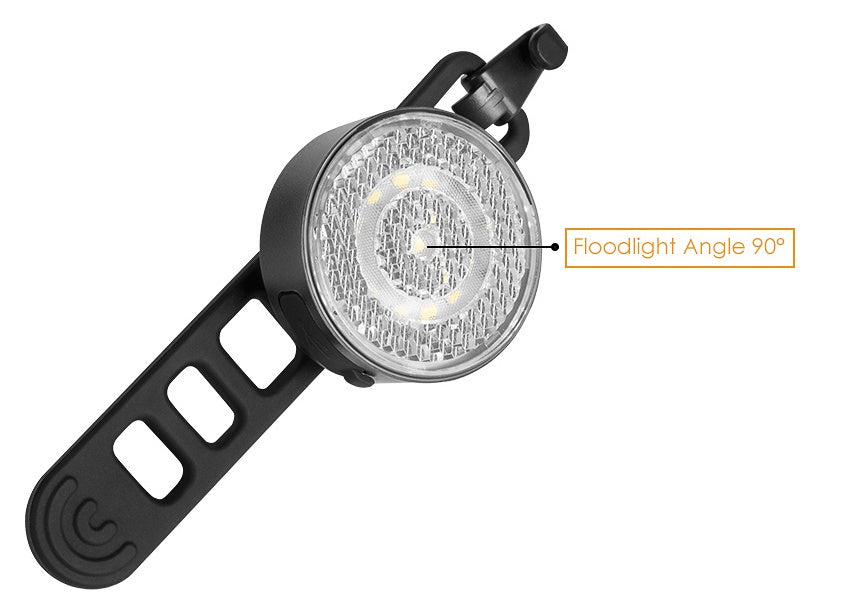 Bicycle light with floodlight angle labeled on a white background