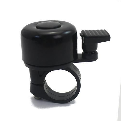 Black bicycle bell with mounting bracket on a white background