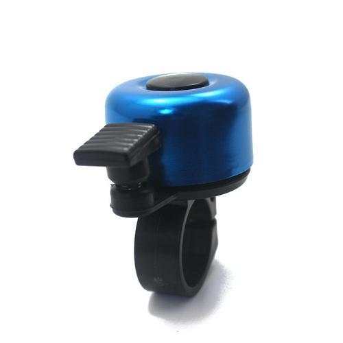 Blue bicycle bell with black mounting bracket on a white background