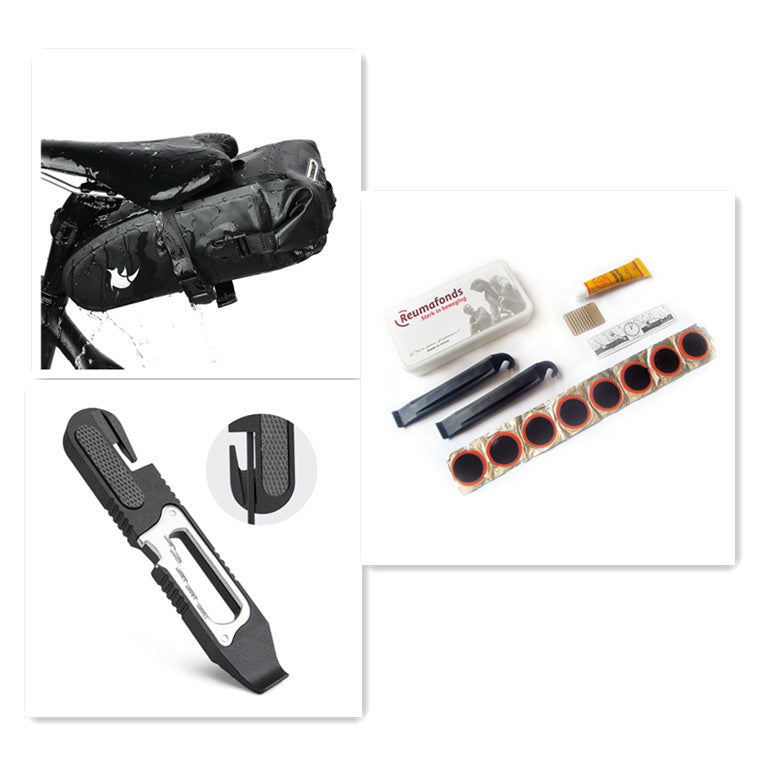 Collection of bicycle repair tools and components on a white background