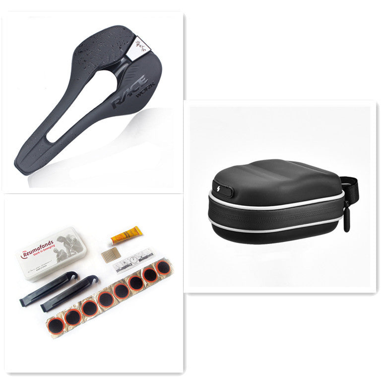 Collection of cycling accessories including a saddle, tool kit, and carrying case on a white background.