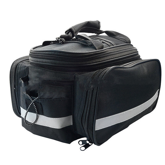 Black bicycle bag with reflective stripes on a white background