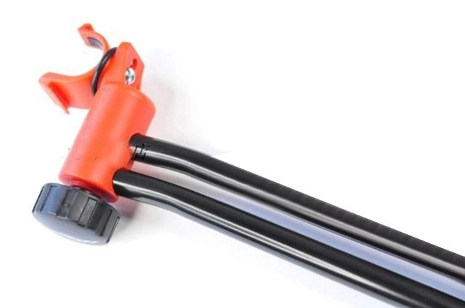 Detail of Bicycle Repair Stand with black metal tubes on a white background