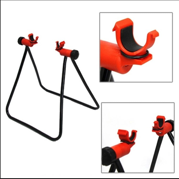Orange and black Bicycle_Repair_Stand with close-up insets on a white background