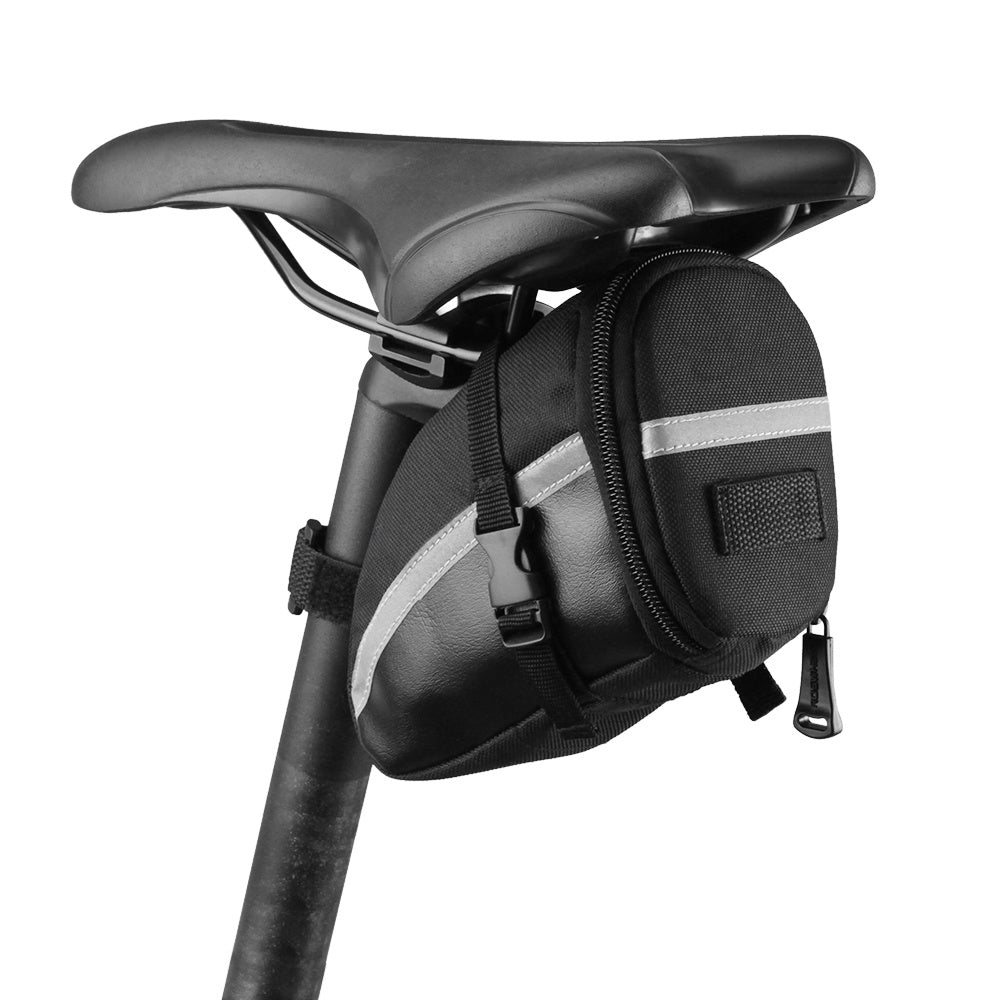 Black bicycle saddle bag with reflective strip attached to a bike seat on a white background