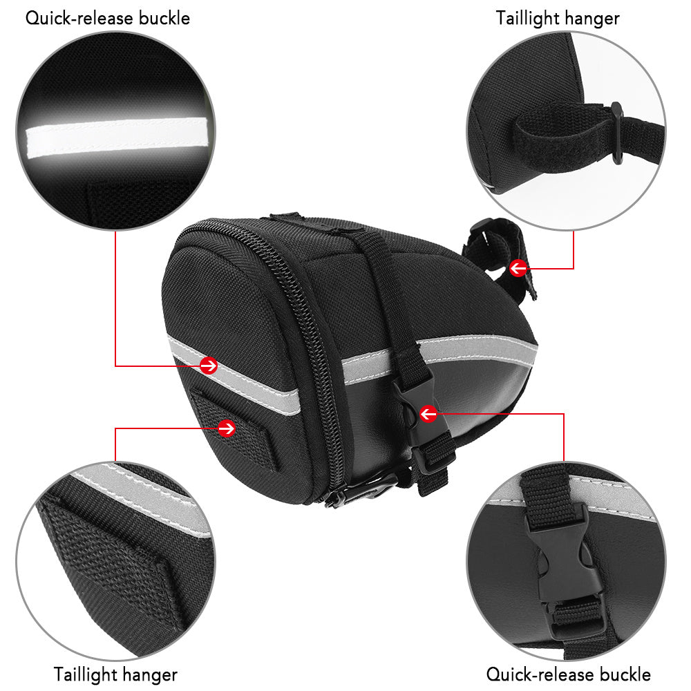 Black bike saddle bag with quick-release buckle and tailight hanger features on a white background