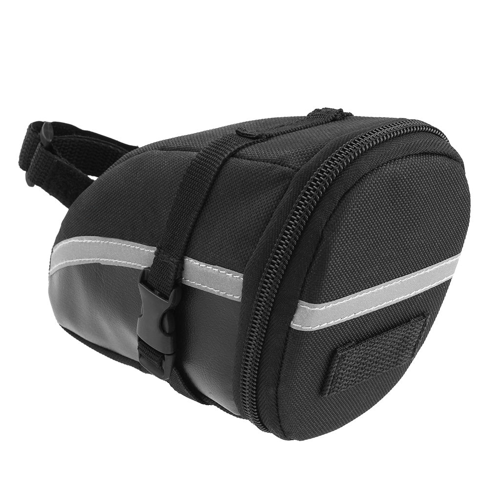 Black bicycle saddle bag with reflective strip on a white background