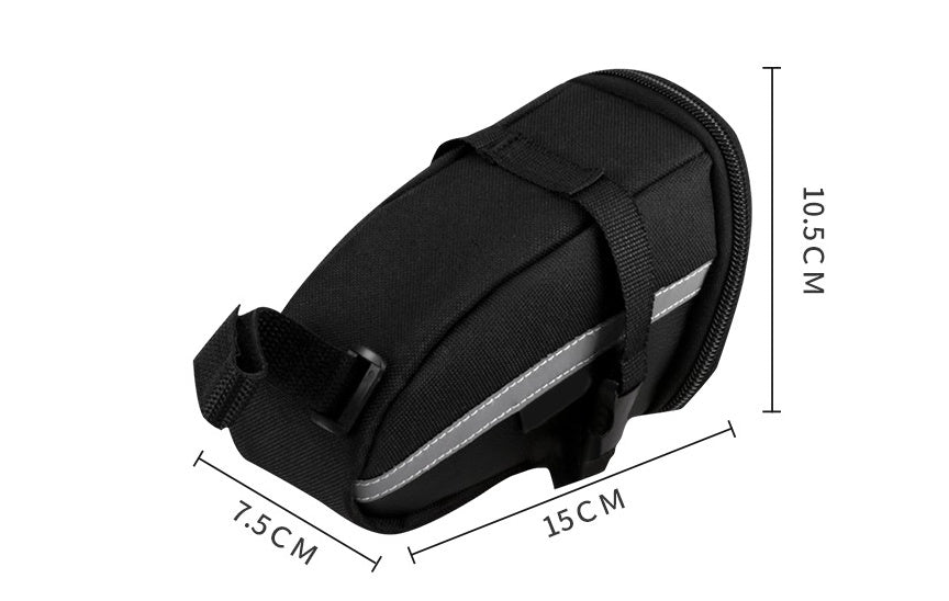Black bicycle saddle bag with measurements on a white background