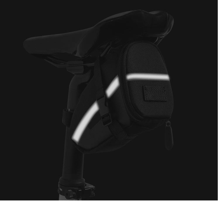 Black Bicycle Saddle Bag with reflective stripes on a black background