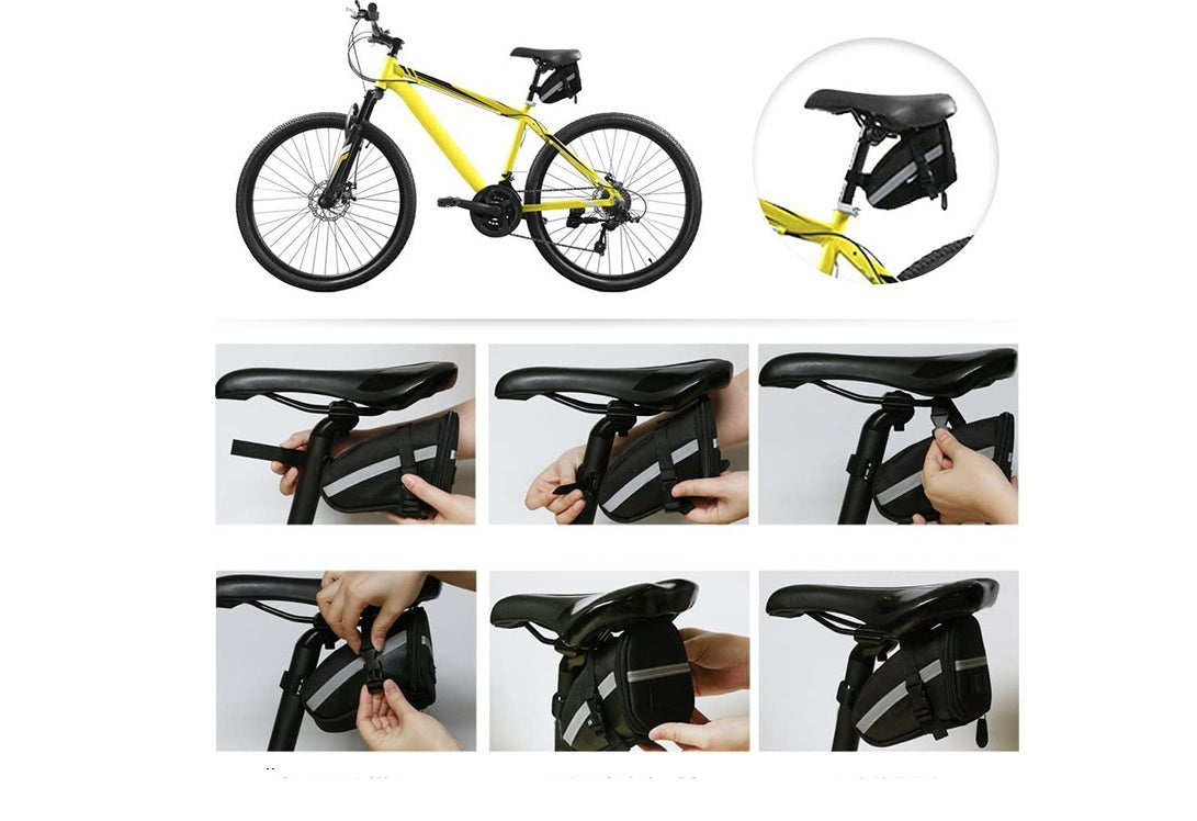 Step-by-step installation guide for a bicycle seat bag on a white background
