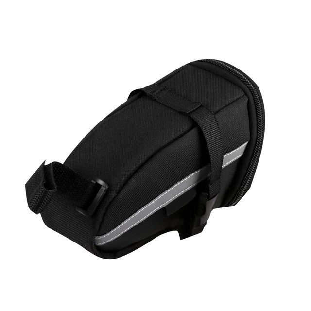 Black bike saddle bag with reflective strip on a white background
