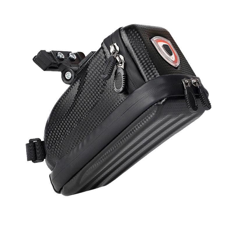 Black bike saddle bag with rechargeable light and a brand logo on a white background