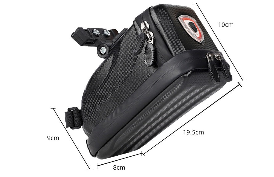 Black bike saddle bag with measurements on a white background
