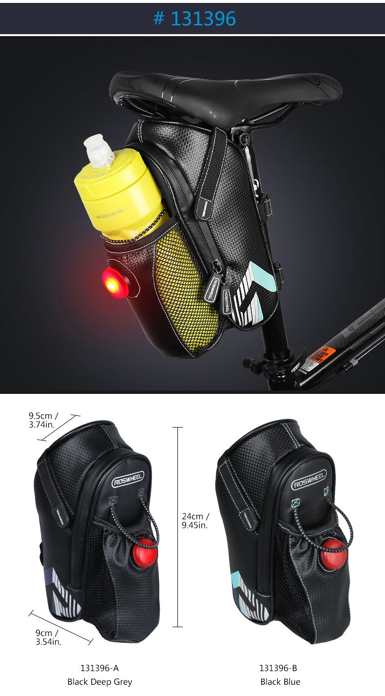 Bicycle saddle bag with water bottle holder and light, showing product and dimensions.