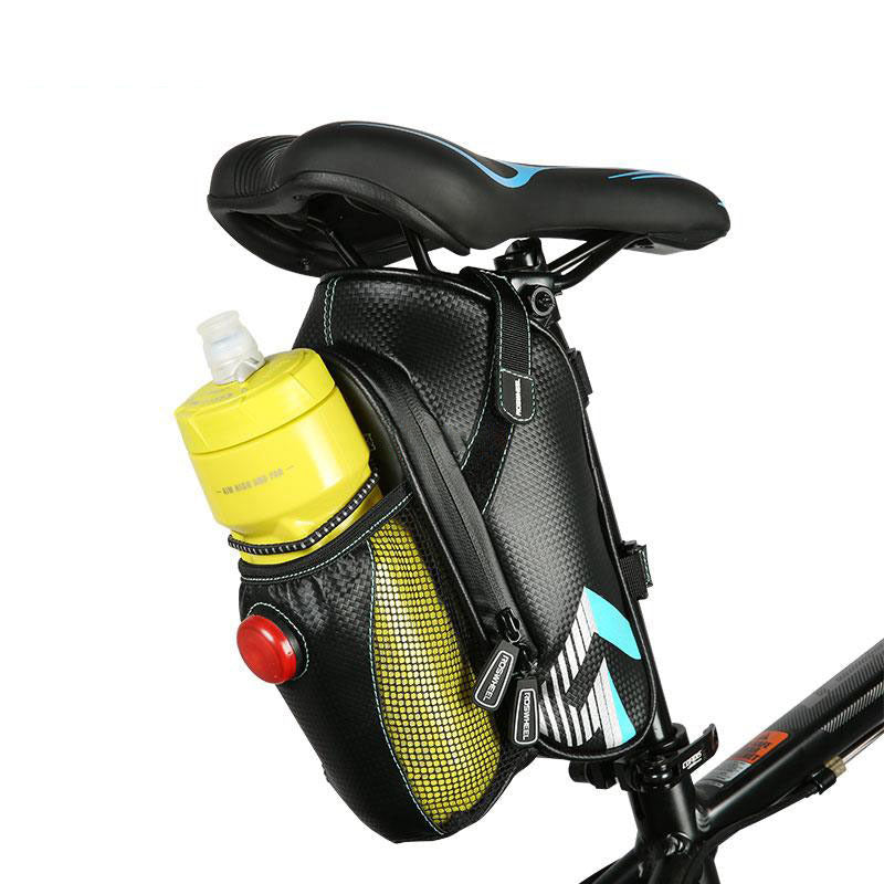 Bicycle saddle bag with a water bottle holder and a yellow water bottle on a white background