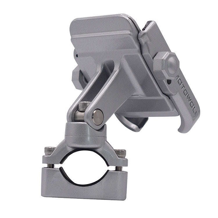 Gray bicycle phone mount with adjustable arm on a white background