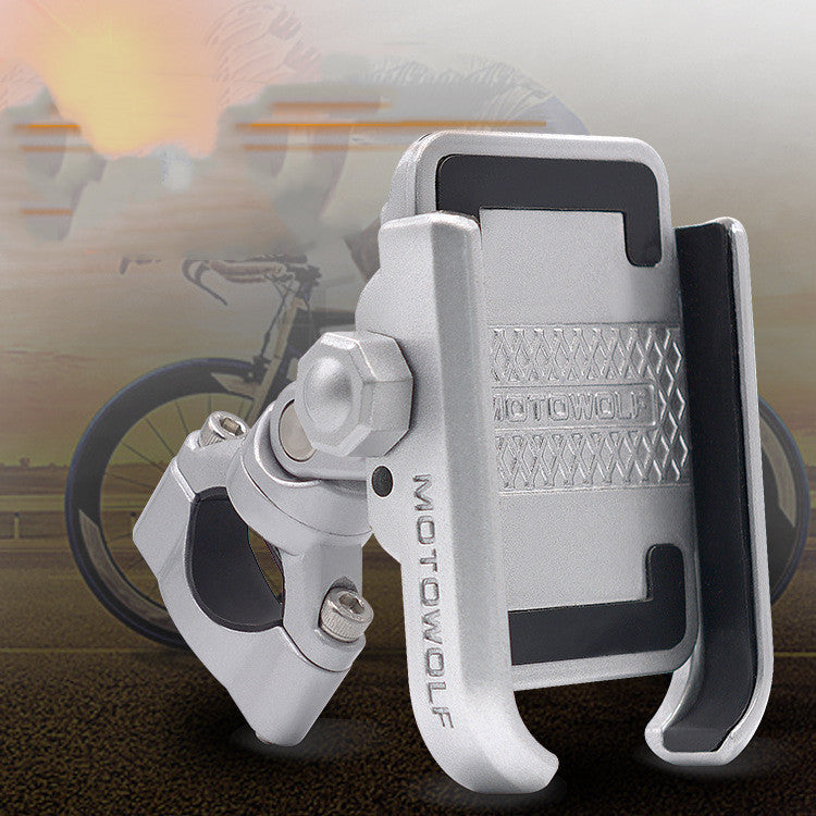 Silver bicycle phone mount with 'MOTOWOLF' branding against a blurred background of a motorcycle.