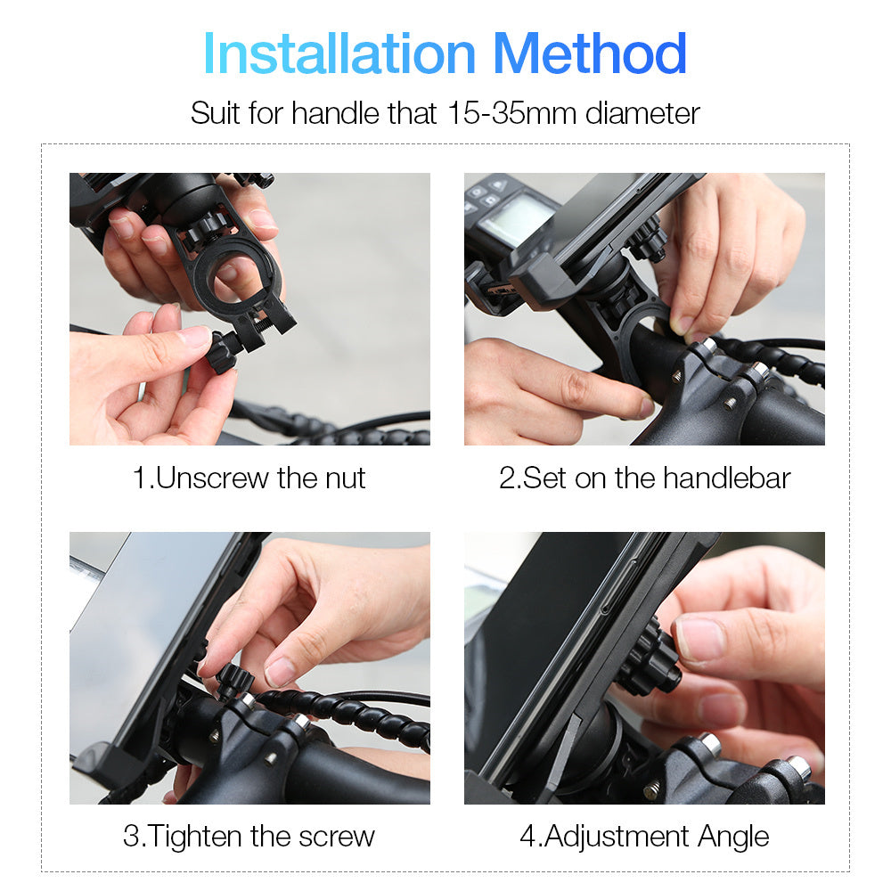 Step-by-step installation guide for a handlebar-mounted device with text indicating suitability for handlebars with a diameter of 15-35mm.