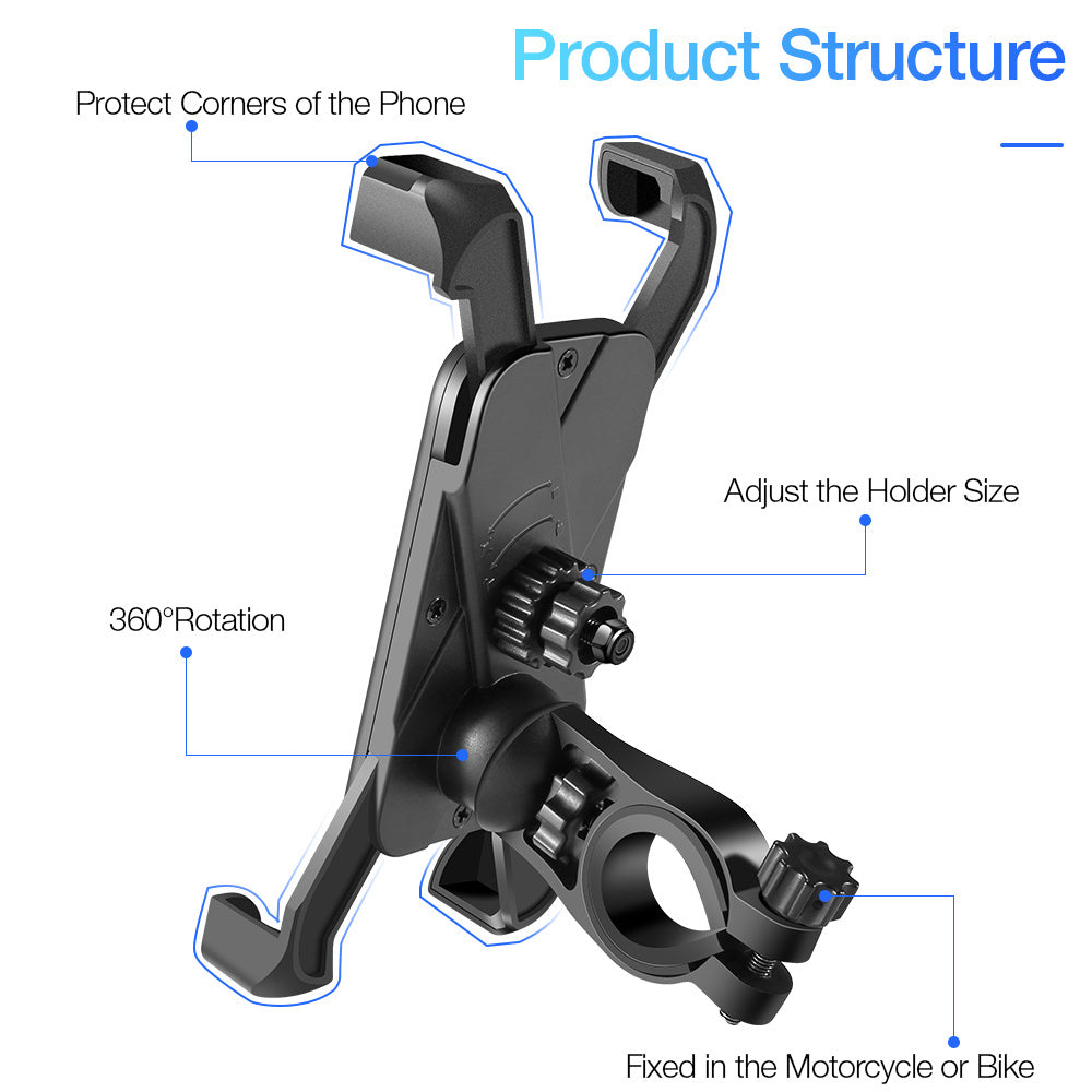 Bike phone mount with features highlighted on a white background