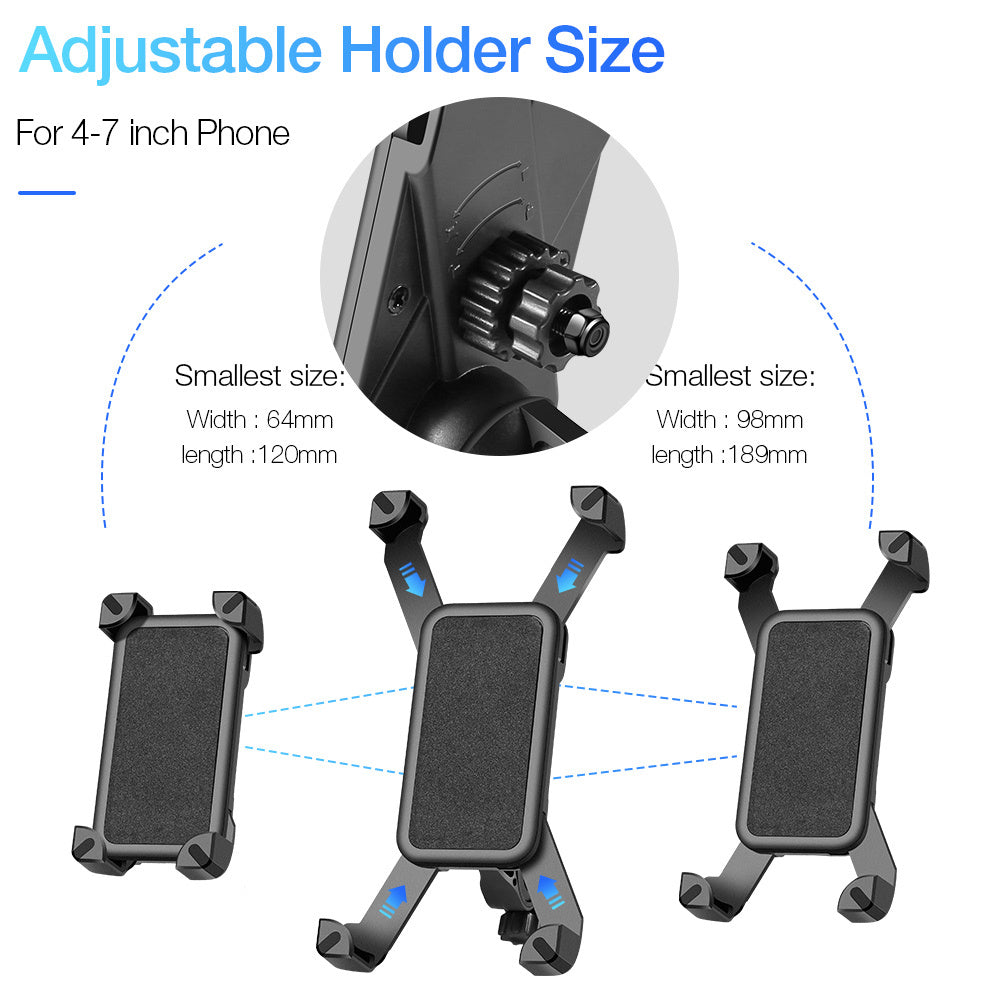 Adjustable bicycle phone holder with size specifications for 4-7 inch phones on a white background.