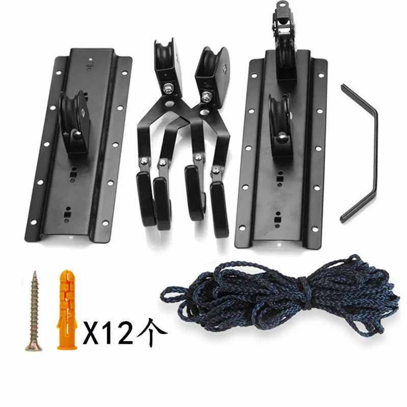 Bicycle Storage Hanger Rack kit with a blue rope and small tools on a white background