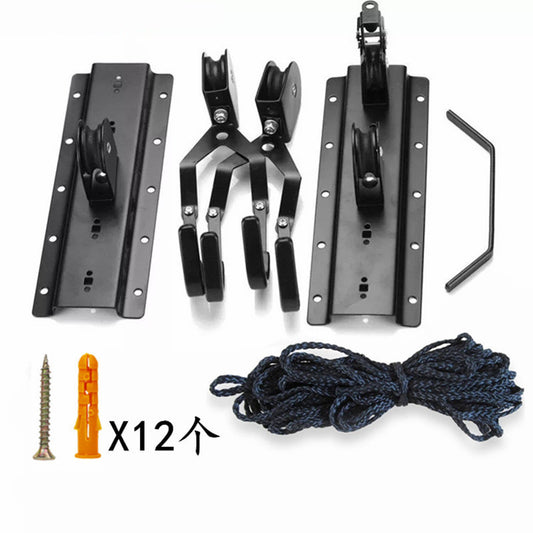 Bicycle Storage Hanger Rack kit with a blue rope and small tools on a white background