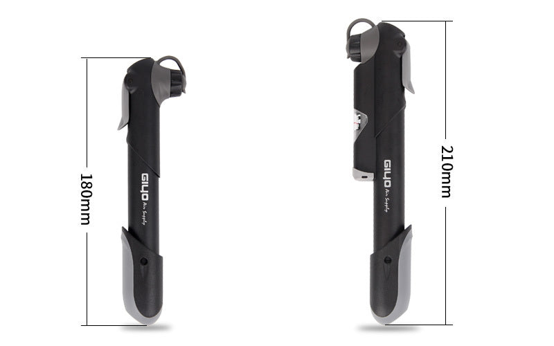 Two black mini bicycle pumps with measurements on a white background