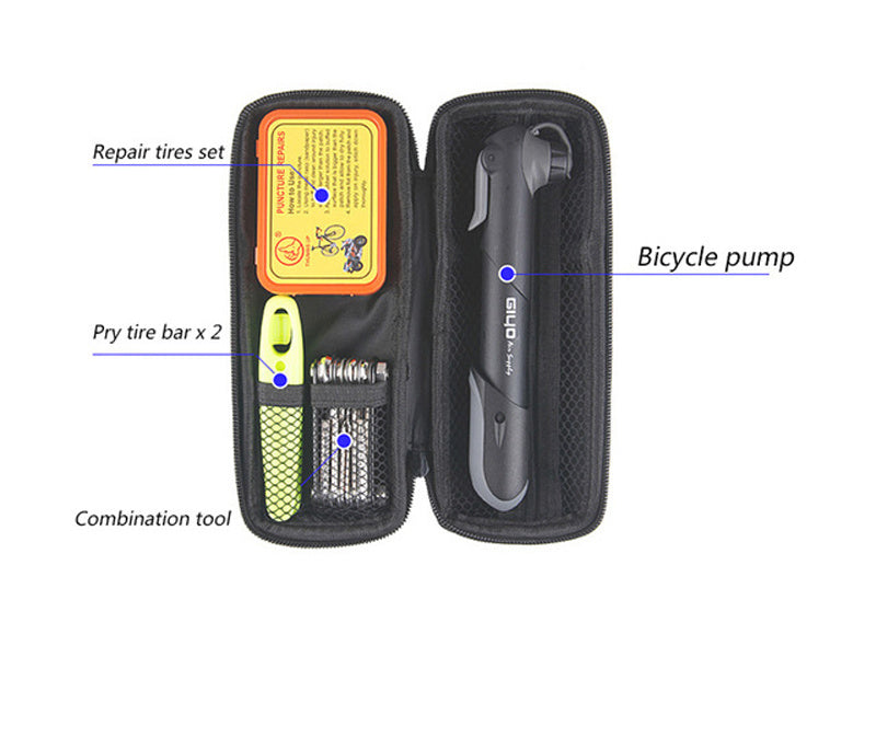 Bicycle repair kit with labeled components on a white background