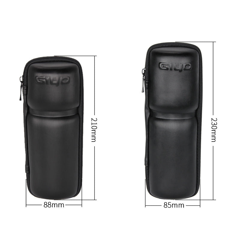 Black bicycle tool bag with dimensions labeled on a white background