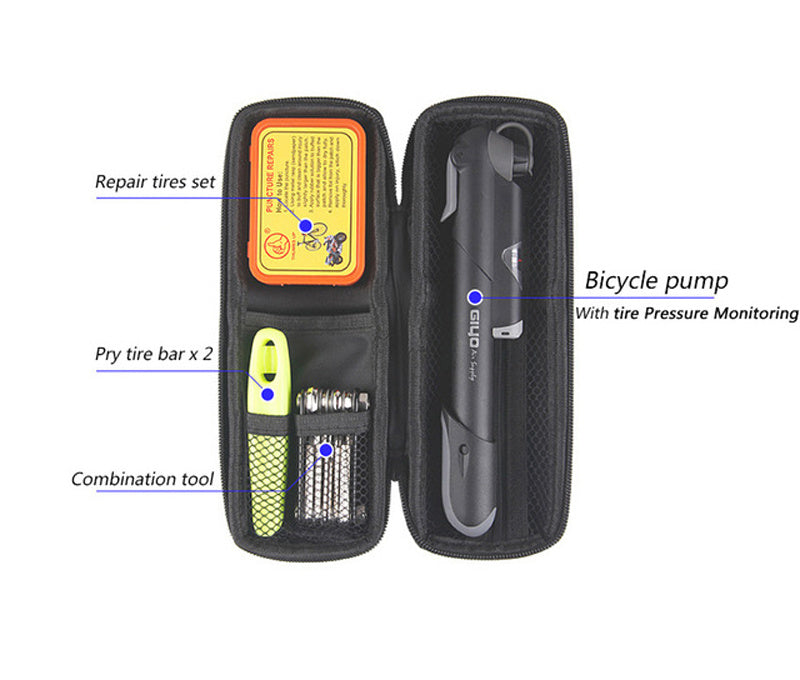 Bicycle repair kit with pump and tools in a black case on a white background