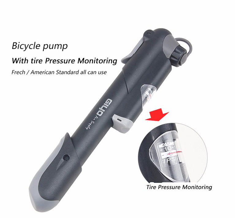 Bicycle pump with tyre pressure gauge on a white background