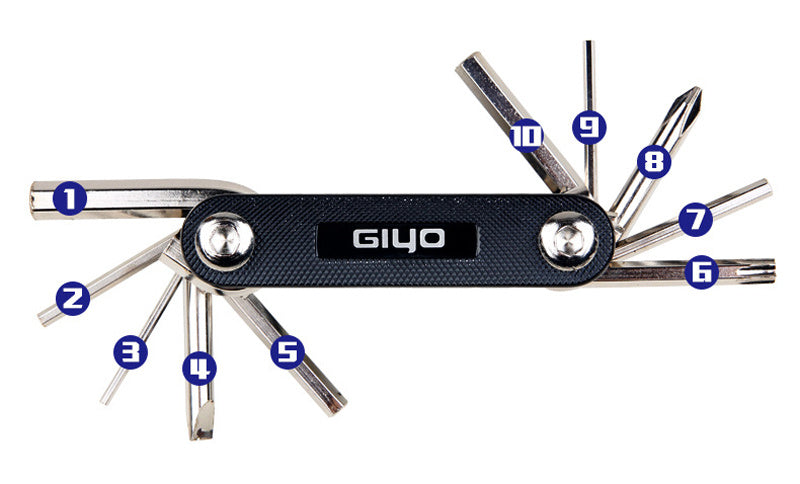 Bicycle multi-tool with various tools labelled, brand 'GIYO' visible