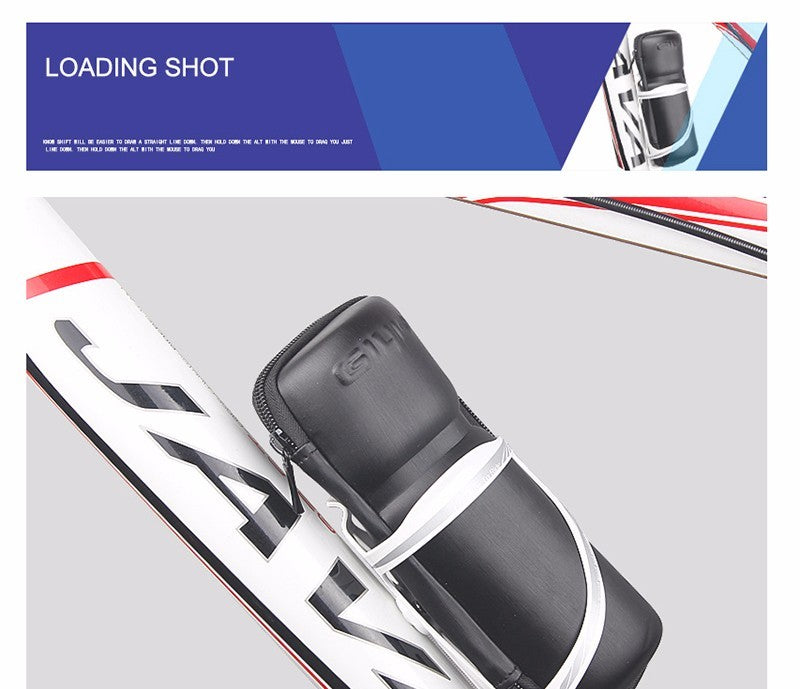 Black bicycle tool bag attached to a white bottle cage on a white and red bicycle.