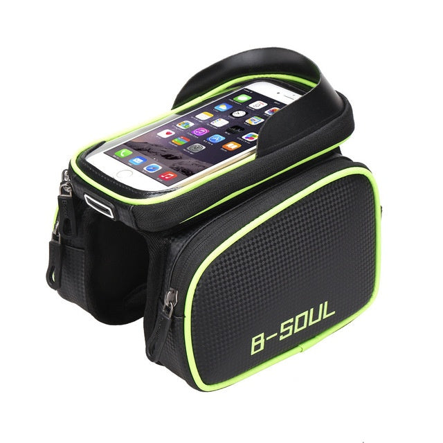 Black and green Bicycle Top Tube Bag With Phone Compartment on a white background