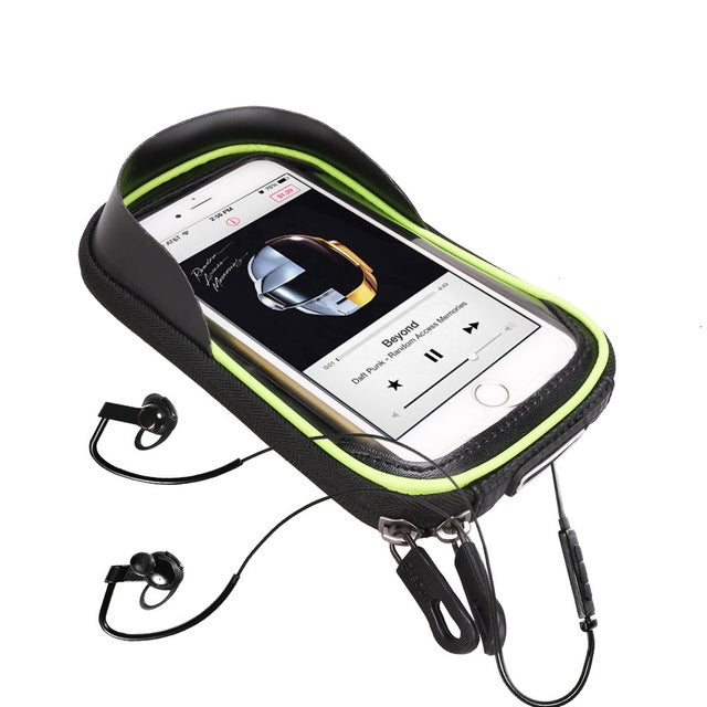 Phone case with headphones and screen displaying music app on a white background